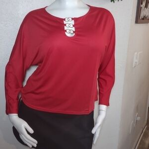 Ashley Stewart Red Long Sleeve Top with Gold Rings Detail